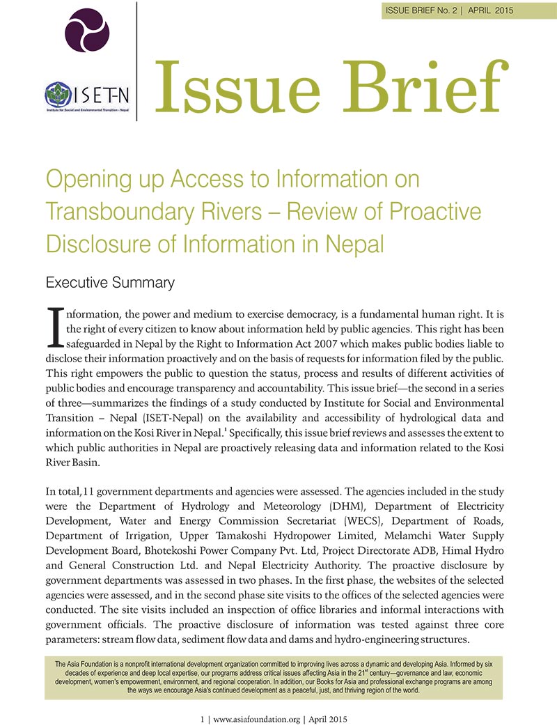Issue Brief: Opening Up Access to Information on Transboundary River- Review of Proactive Disclosure of Information in Nepal